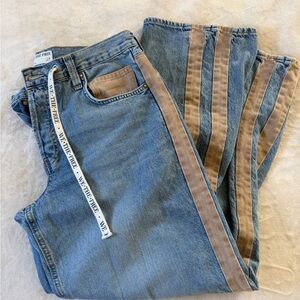 Free People Two-Tone Stripe Side Panel Denim Jeans - Light Blue & Tan